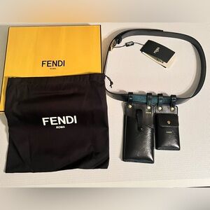 Fendi Black Leather Belt gold buckle Set with pockets